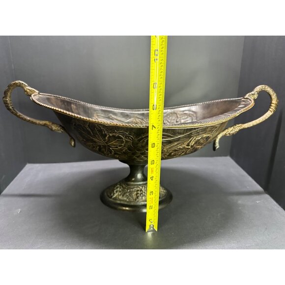 Vintage Brass Table Centerpiece Bowl Pedestal Embossed Fruit with Handles 16" L - Picture 10 of 14